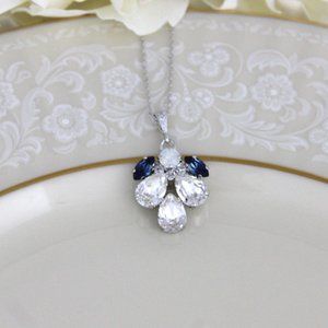 Navy Blue necklace Crystal Bridal necklace Bridal jewelry Blue crystal necklace